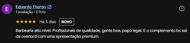 Avaliação cinco estrelas de Eduardo Theron no Google