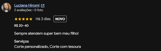 Avaliação cinco estrelas de Luciana Hiromi no Google